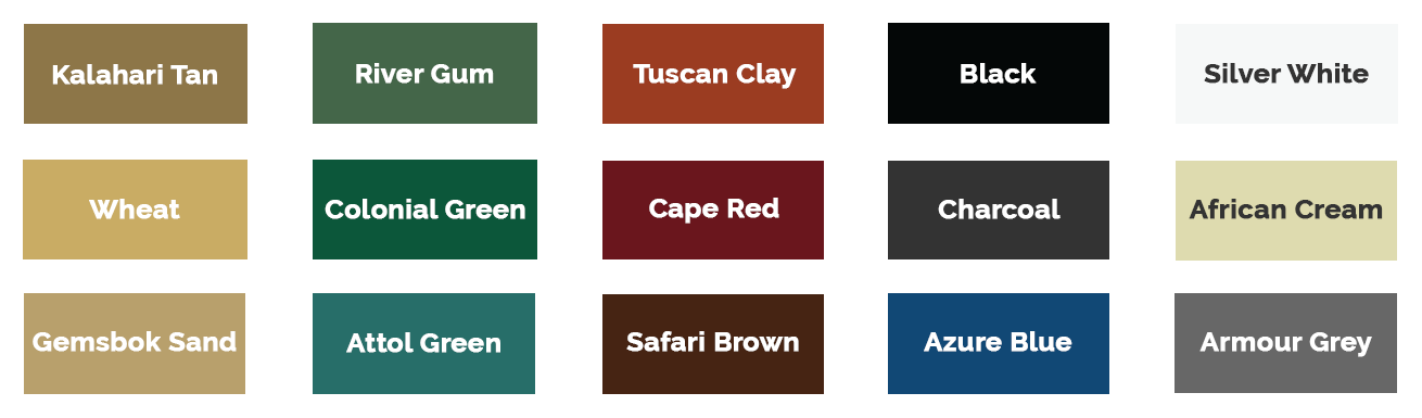 Chromadek gutter colour chart: Kalahari Tan, River Gum, Tuscan Clay, Black, Silver White, Wheat, Colonial Green, Cape Red, Charcoal, African Cream, Gemsbok Sand, Attol Green, Safari Brown, Azure Blue, Armour Grey