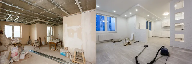 Renovated interior with brick feature wall and hardwood flooring, completed by Super Pride